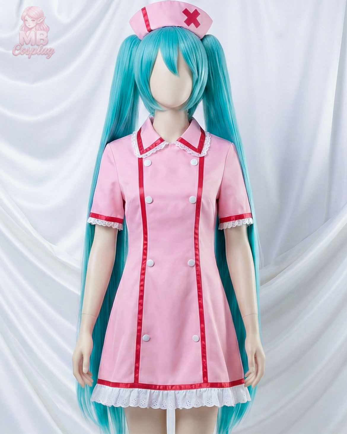 Front view of a Hatsune Miku nurse cosplay costume in pink with teal pigtail wig and matching nurse hat, displayed on a mannequin by MB Cosplay