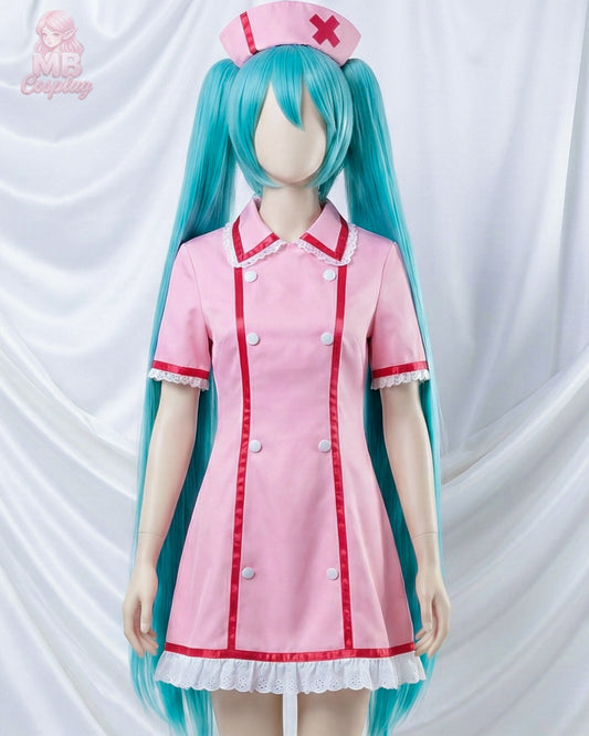 Front view of a Hatsune Miku nurse cosplay costume in pink with teal pigtail wig and matching nurse hat, displayed on a mannequin by MB Cosplay