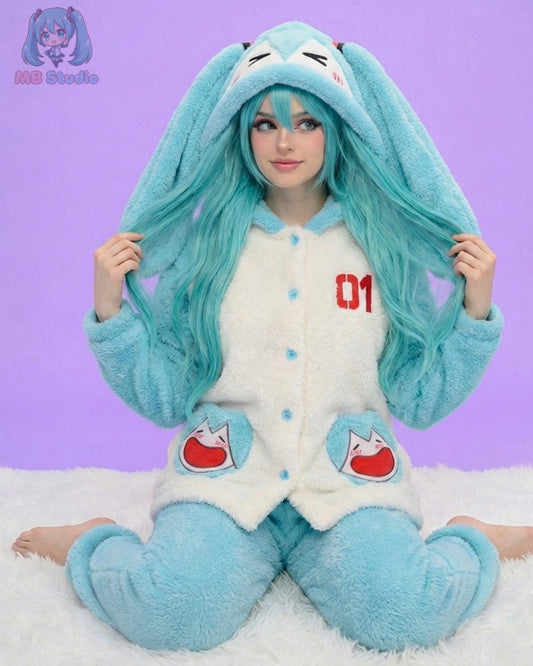 Person wearing a blue and white onesie with bunny ears on a purple background