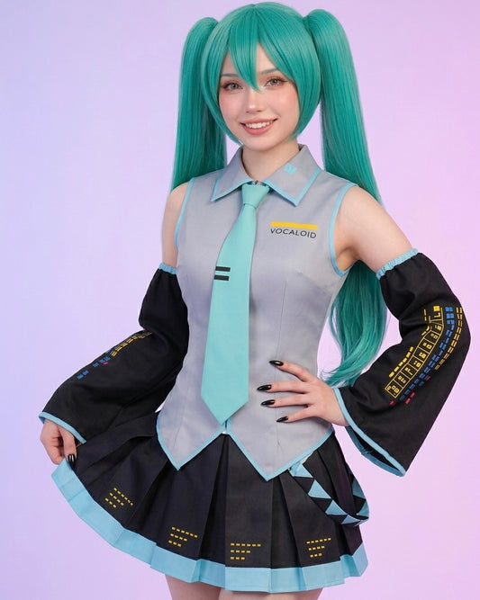 Hatsune Miku Vocaloid cosplay costume worn by model front view anime outfit
Hatsune Miku Vocaloid cosplay costume model posing teal twin tail wig anime idol outfit
