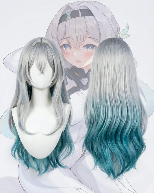 Front and back view of Firefly cosplay wig featuring silver to teal ombre gradient.