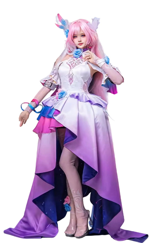 A high-quality cosplay of Cyrene from Honkai: Star Rail. The costume consists of a white bodice with intricate patterns, a layered pink and purple gradient skirt with a long train, and a glowing white halo accessory worn behind the head.
