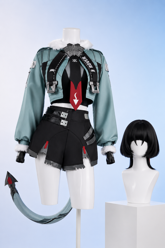 Jane Doe Cosplay Costume from Zenless Zone Zero featuring cropped teal jacket, black shorts, tail accessory and optional wig displayed on luxury studio mannequin.