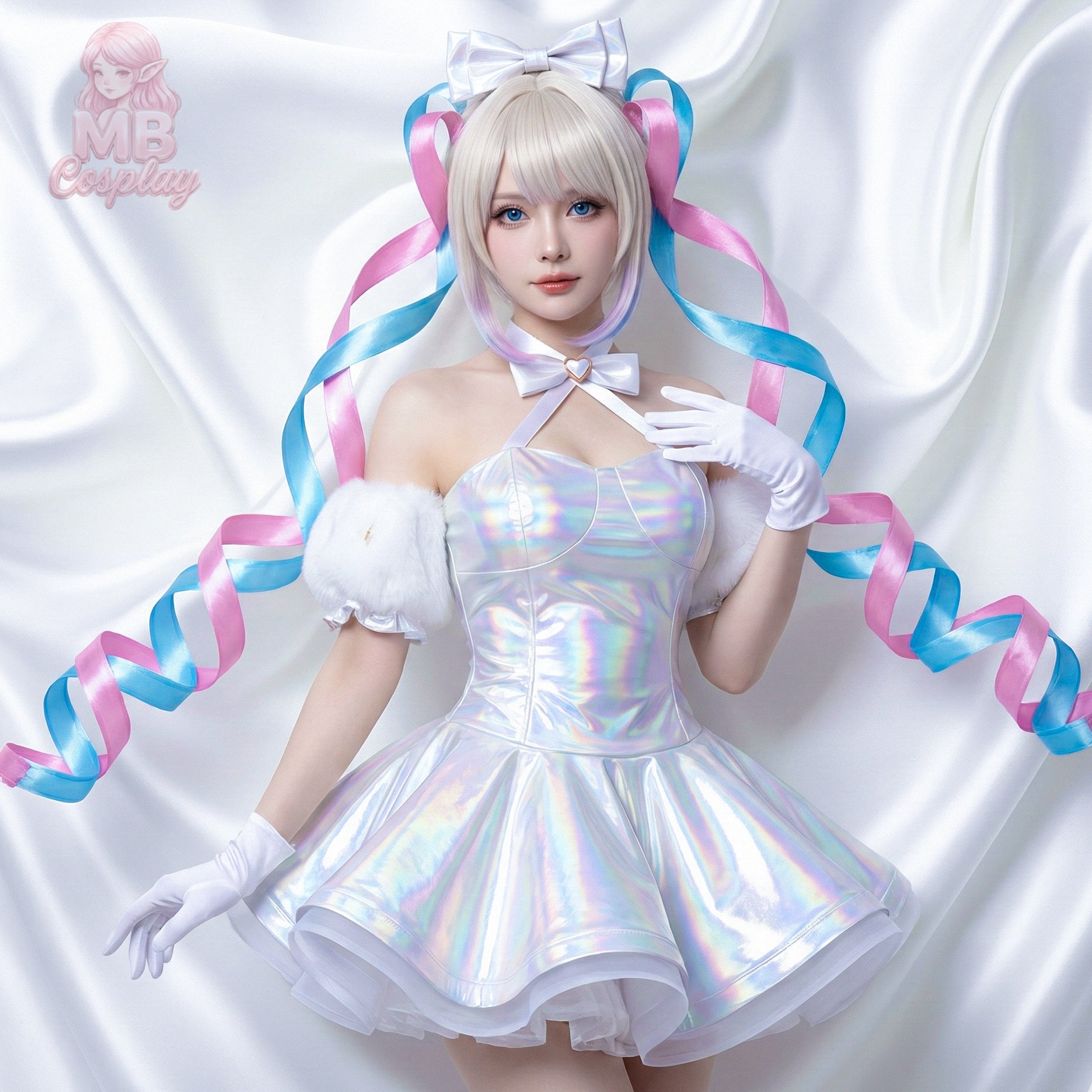Full KAngel cosplay set featuring iridescent laser dress, wig, and accessories