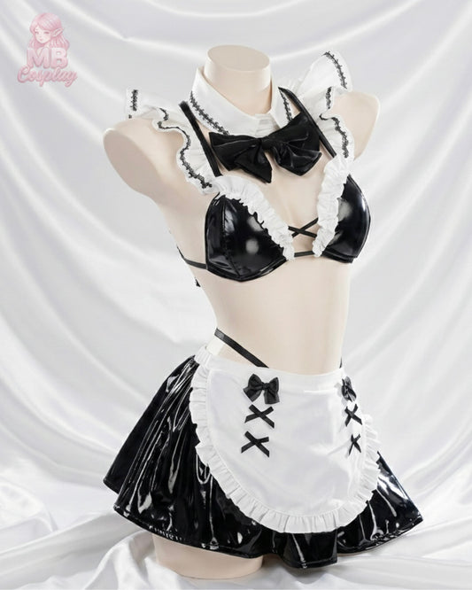 Marin Kitagawa maid cosplay costume on a mannequin featuring a black ruffled bikini top, pleated skirt, white apron, and black bow collar necklace from My Dress-Up Darling.