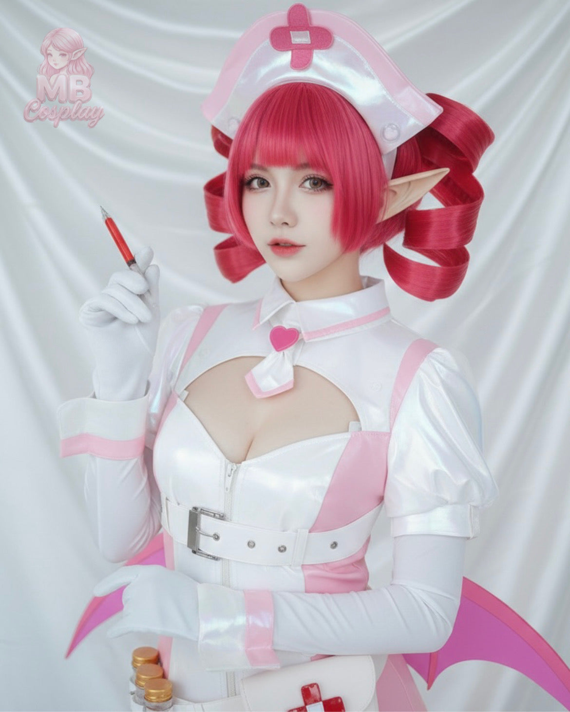 Professional cosplayer wearing the full Buro Nocturne Bloodheir set including the nurse uniform, heart-accented headpiece, and pointed elf ears.