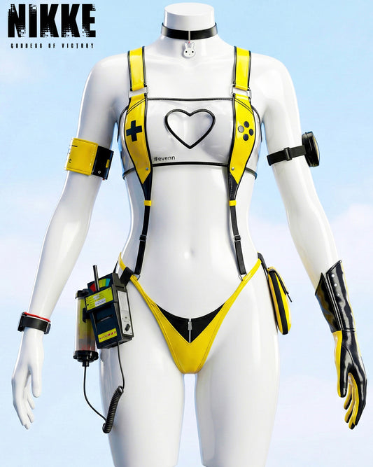 Front view of the Elegg inspired high-gloss white and yellow tactical engineer set by MBCosplay.