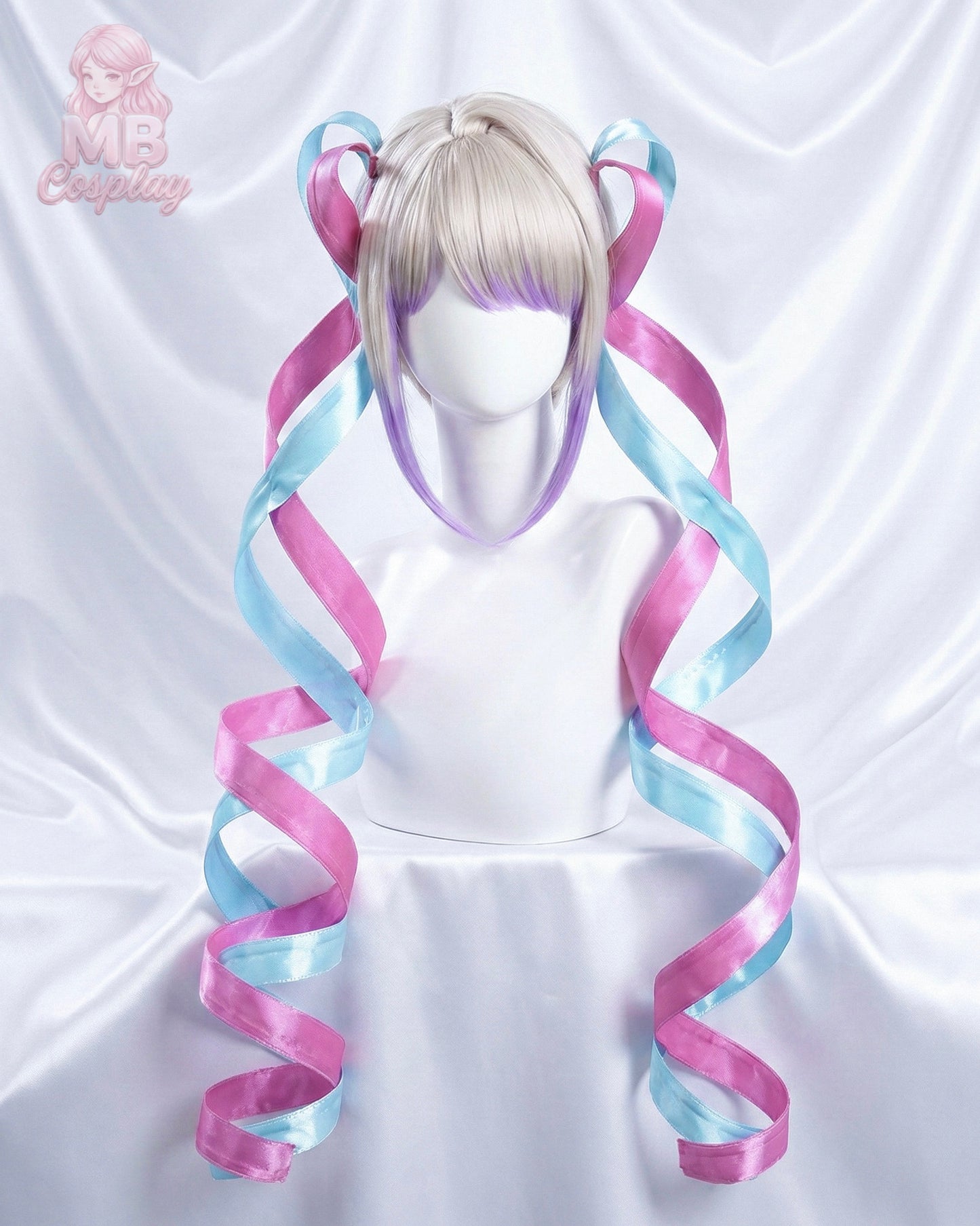 MBCosplay KAngel pre-styled blonde wig with pink and blue spiral ponytails