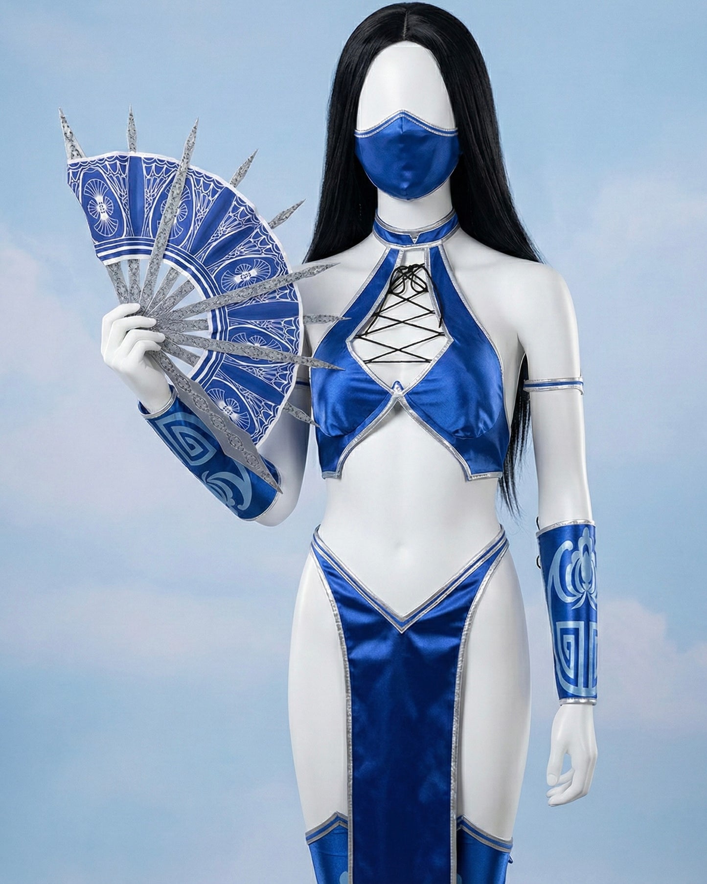 Front view of the Kitana-inspired royal blue and silver battle suit by MBCosplay featuring a lace-up bodice and tabard.