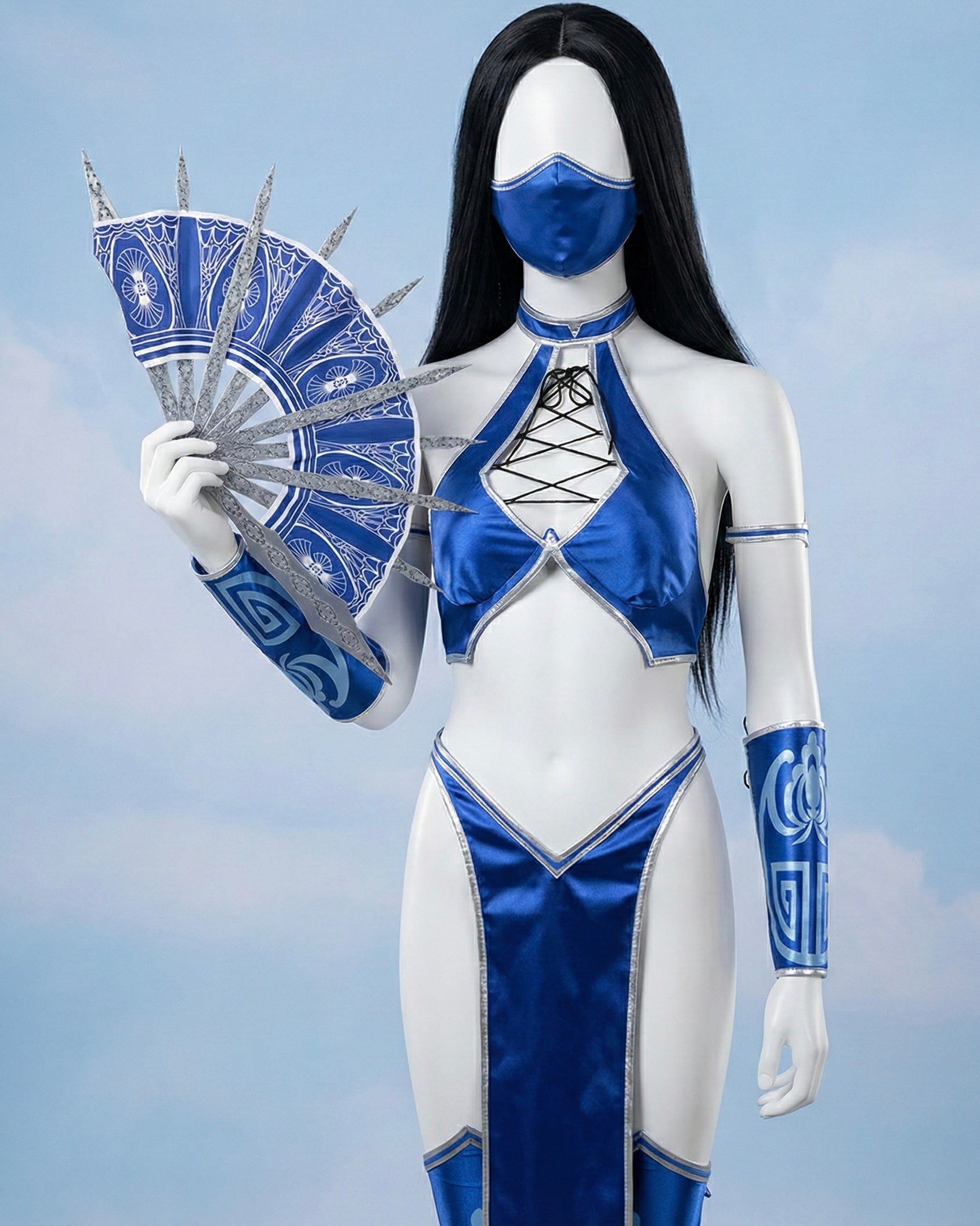 Front view of the Kitana-inspired royal blue and silver battle suit by MBCosplay featuring a lace-up bodice and tabard.
