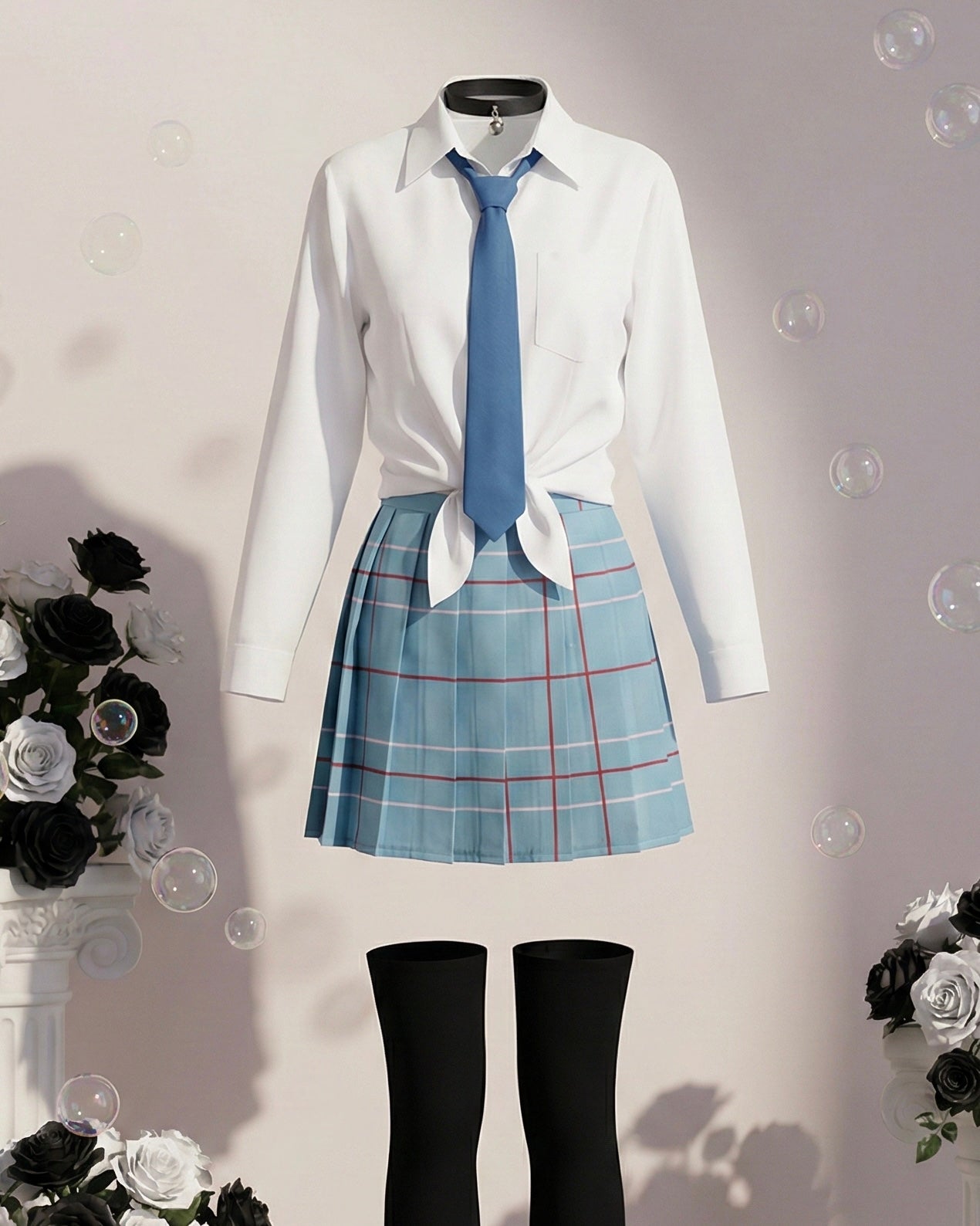 Front view of the Marin Kitagawa inspired school uniform by MBCosplay featuring a white shirt, blue tie, and plaid skirt.