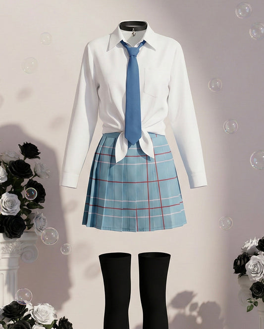 Front view of the Marin Kitagawa inspired school uniform by MBCosplay featuring a white shirt, blue tie, and plaid skirt.
