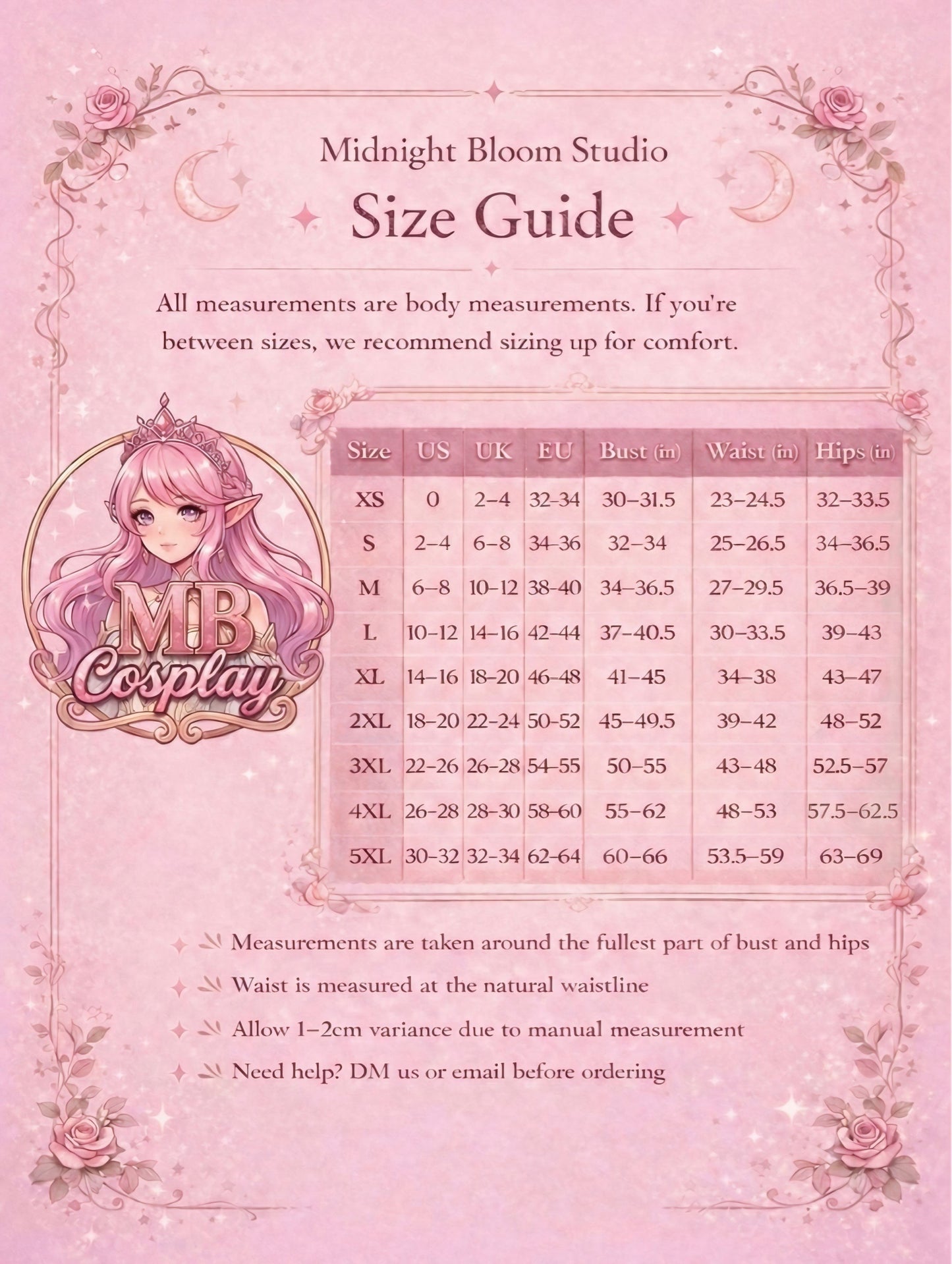 Official MBCosplay Midnight Bloom Studio size guide for Wuthering Waves costumes, providing body measurements for sizes XS through 5XL in US, UK, and EU standards