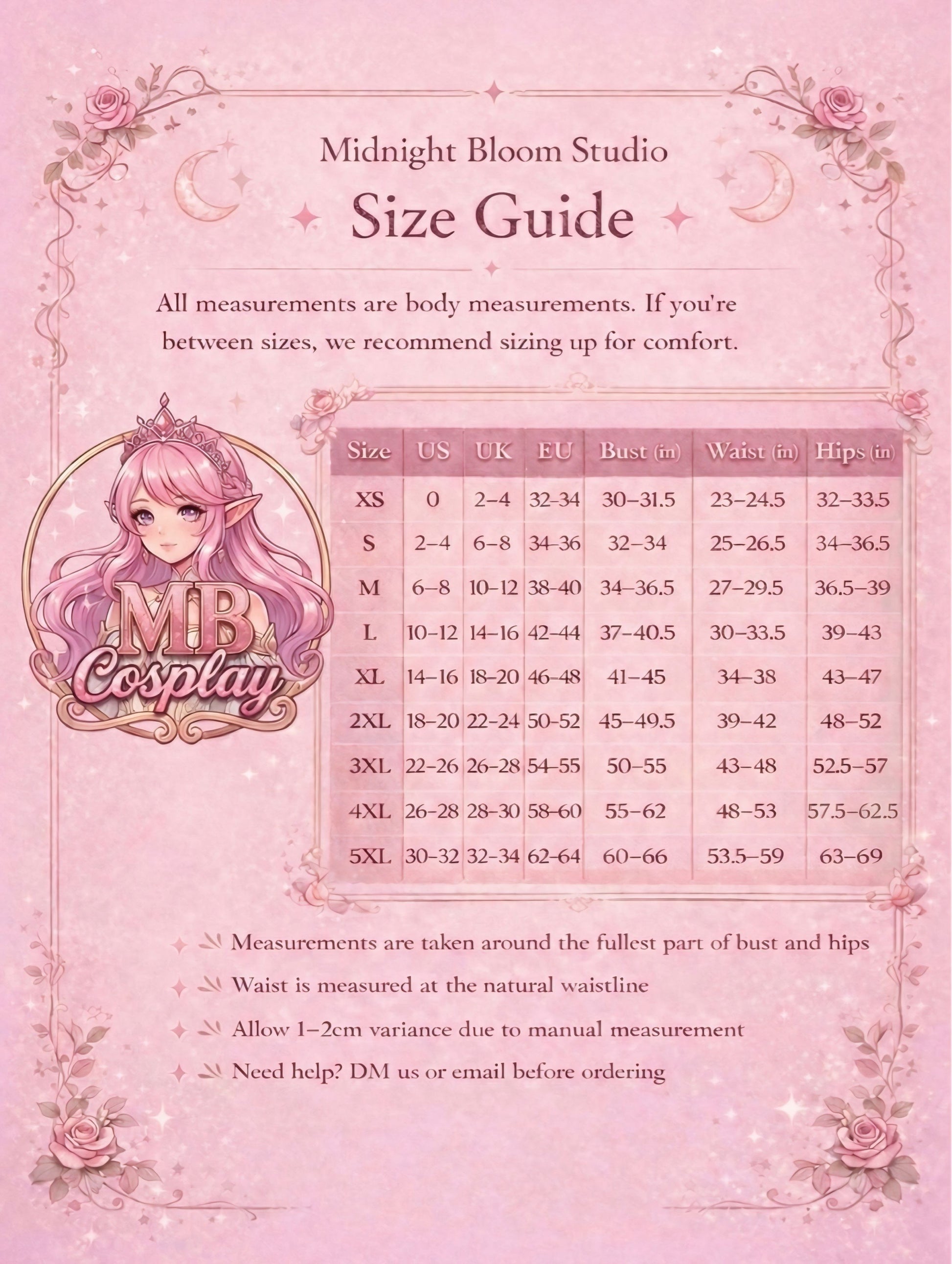 Official MBCosplay Midnight Bloom Studio size guide for Wuthering Waves costumes, providing body measurements for sizes XS through 5XL in US, UK, and EU standards