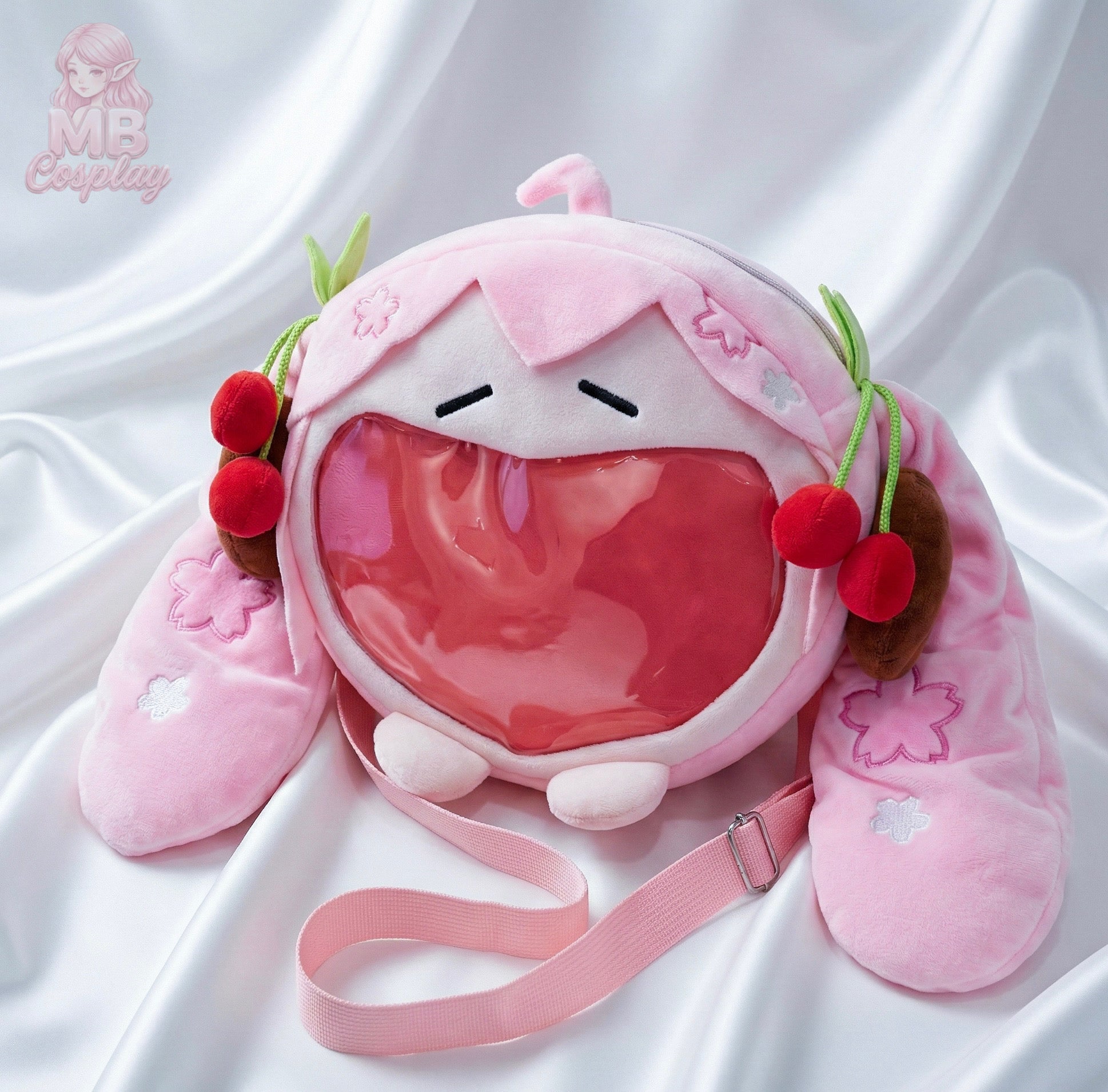 MBCosplay Sakura Miku pink plush crossbody ita bag featuring a transparent display window for pins and cherry blossom embroidery.
