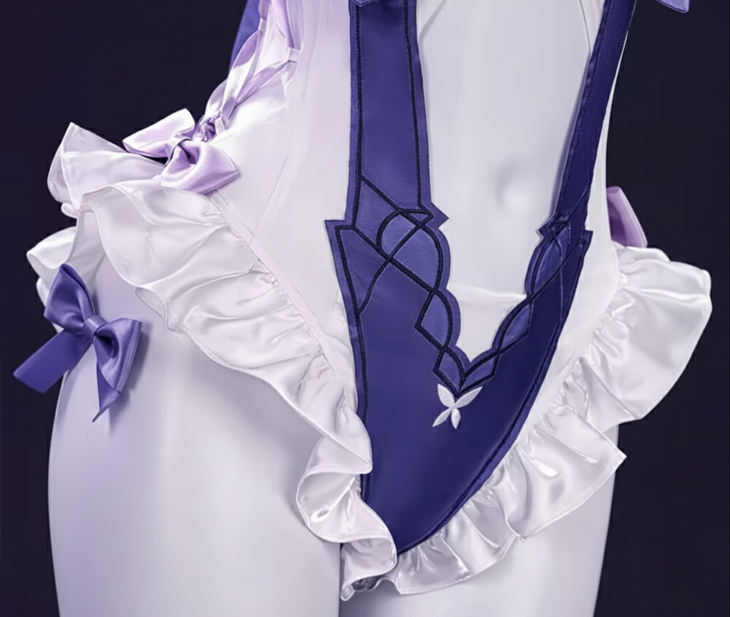 Close-up detail of MBCosplay Vivian Iris of the Shore swimsuit cosplay fabric and design