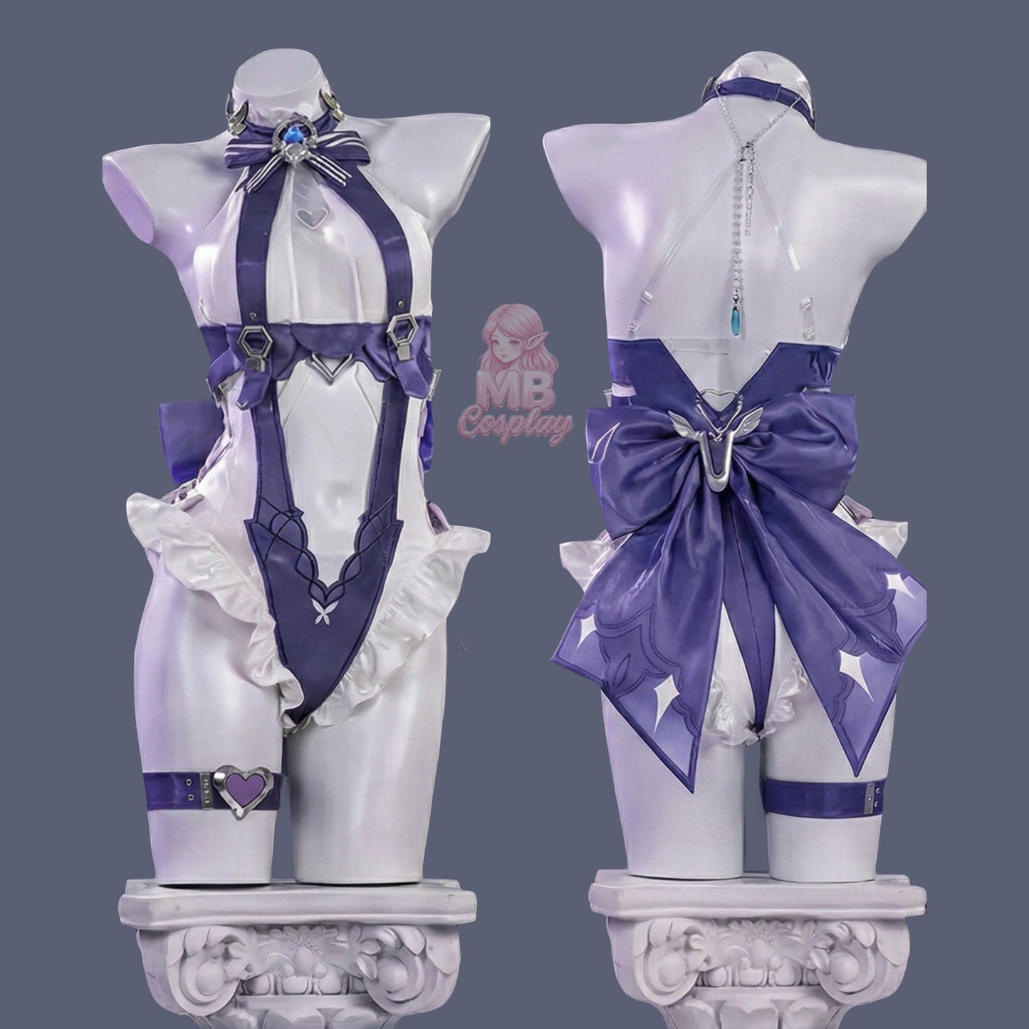 Full body view of MBCosplay Vivian Iris of the Shore swimsuit cosplay from Zenless Zone Zero
