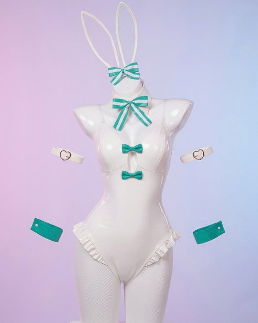 Front view of the white high-gloss bunny girl costume featuring teal bows, a white collar, and white bunny ears on a mannequin.