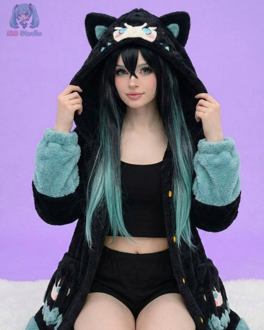 Person wearing a black and green cat-themed hoodie with a purple background