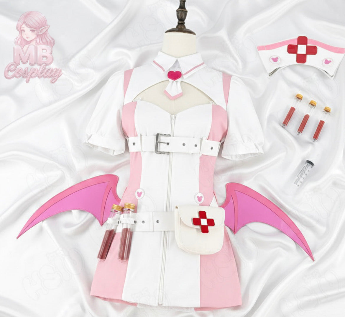 Flat lay of Muse Dash Buro Nocturne Bloodheir cosplay costume featuring pink and white nurse outfit, bat wings, medical pouch, and blood vial props.