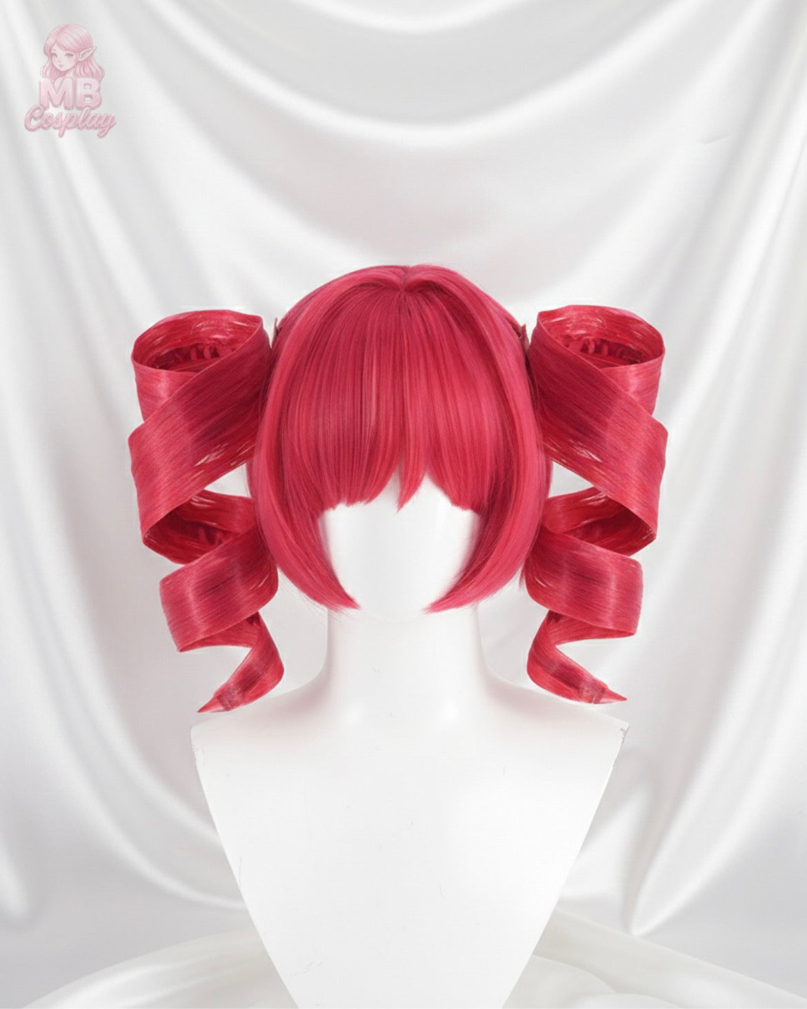 Front view of Muse Dash Buro Nocturne Bloodheir pre-styled cosplay wig in vibrant pink with signature drill curls and blunt bangs.