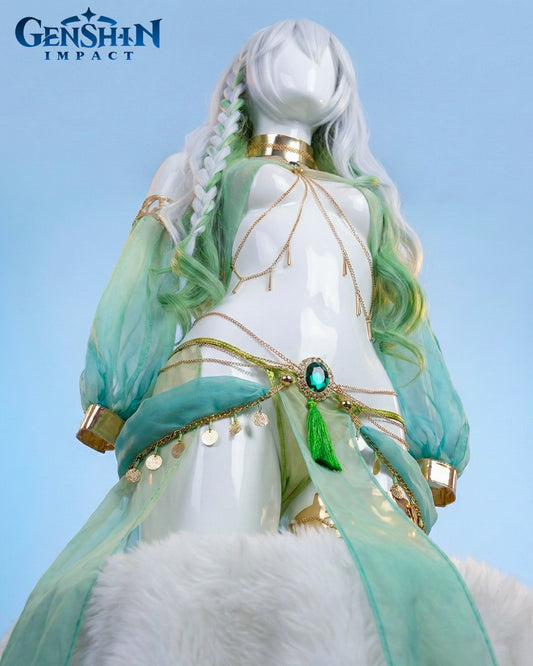 Character from Genshin Impact with white and green outfit on a light blue background