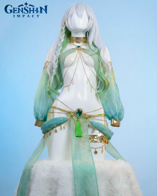 Character from Genshin Impact with white and green outfit on a light blue background