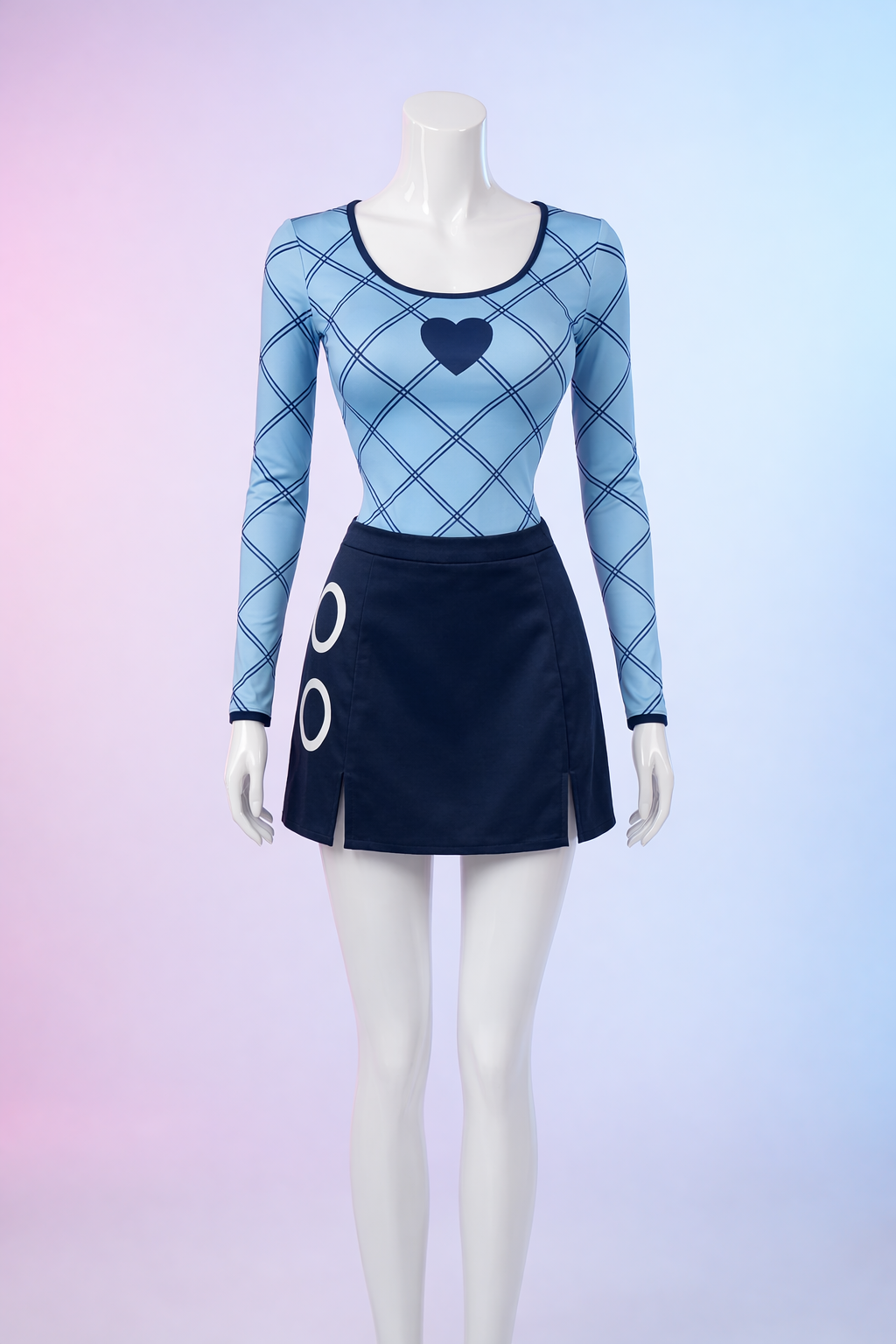 Mannequin wearing a blue and black outfit with a heart design on a gradient background