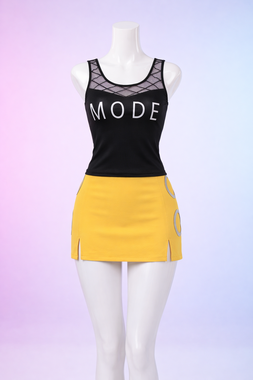 Black tank top with 'MODE' text and yellow skirt on a mannequin against a gradient background