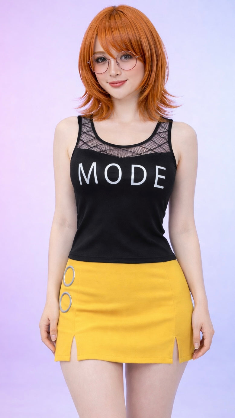 Woman wearing a black tank top with 'MODE' text and a yellow skirt on a light purple background