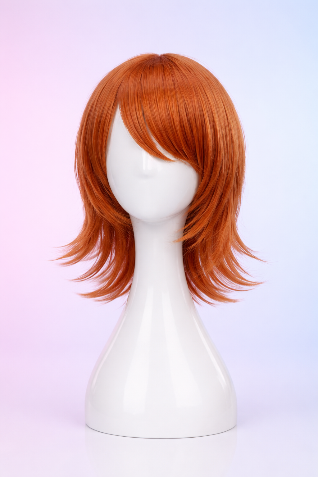 Orange wig on a white mannequin head against a light purple background