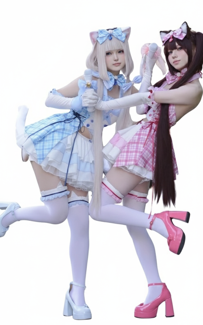 Two cosplayers dressed as Chocola and Vanilla from Nekopara wearing maid dresses, cat ears, and high-heeled platform shoes while holding microphones.