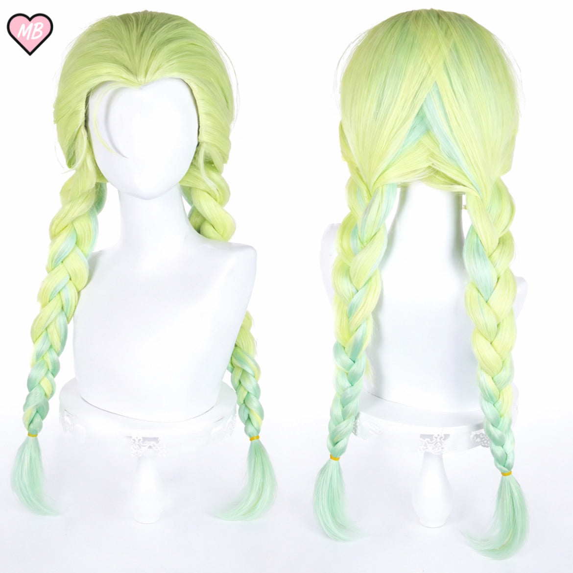 Front and back view of a Gunsmith Bitch cosplay wig from New Panty and Stocking, featuring neon lime green hair braided into twin tails with mint green tips on a white mannequin head