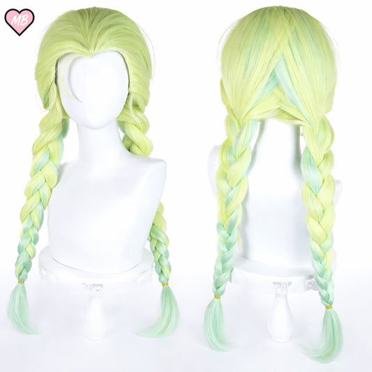 Front and back view of a Gunsmith Bitch cosplay wig from New Panty and Stocking, featuring neon lime green hair braided into twin tails with mint green tips on a white mannequin head