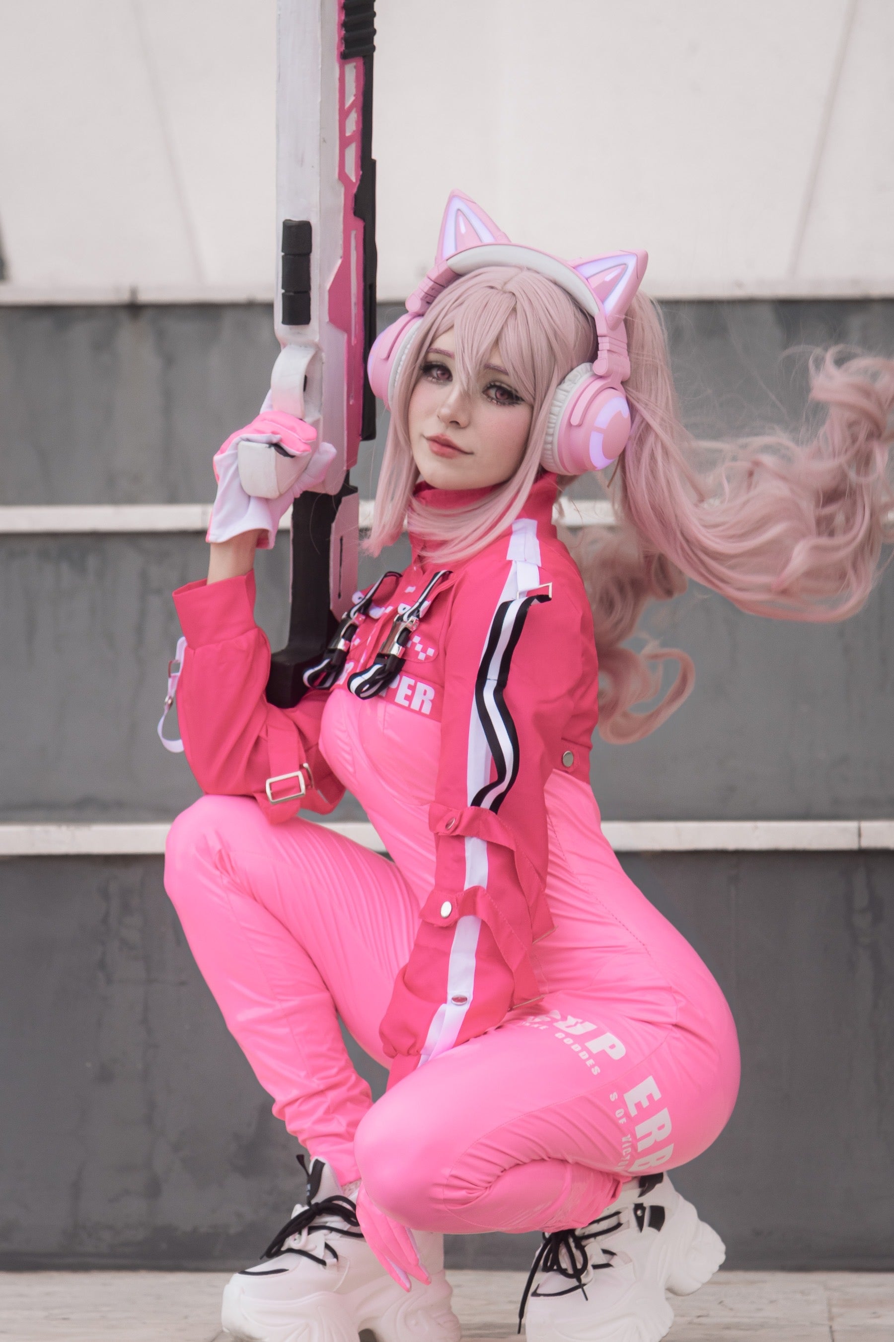 NIKKE Goddess of Victory Alice Cosplay Pink Jumpsuit Costume Cat Ear Headphones and Weapon Prop