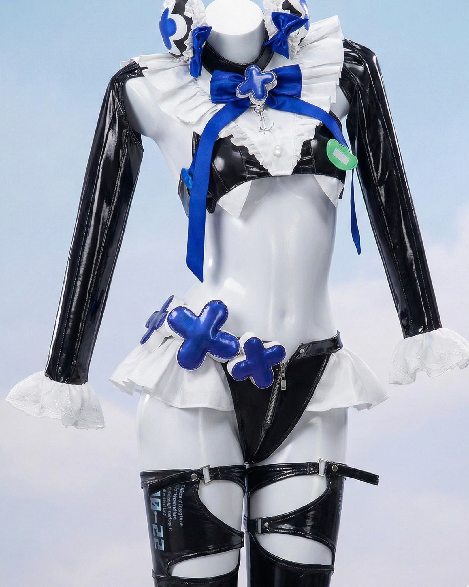 Complete Hansel cosplay kit featuring high-gloss black and white bikini set with blue cross accents.