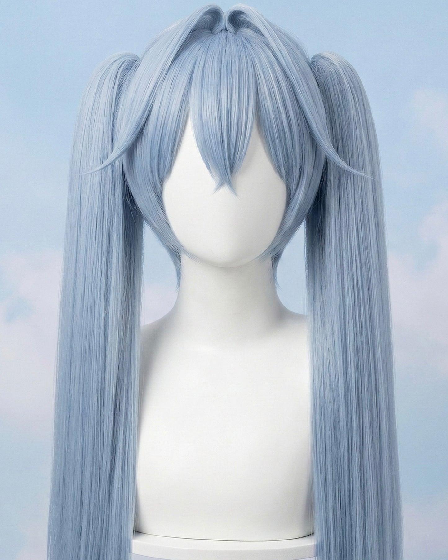 Close-up of Hansel cosplay wig featuring professional-grade light blue twin-tails.