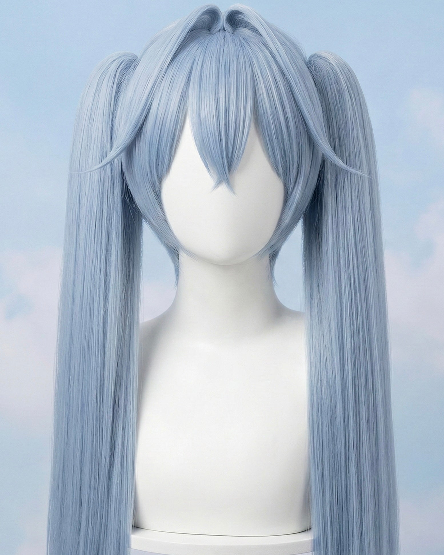 Close-up of Hansel cosplay wig featuring professional-grade light blue twin-tails.