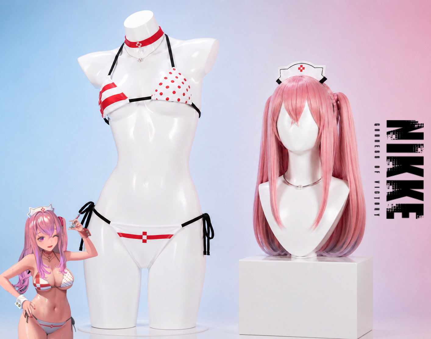 Goddess of Victory NIKKE Pepper summer swimsuit cosplay costume with pink twin-tail wig, nurse headband and accessories.
