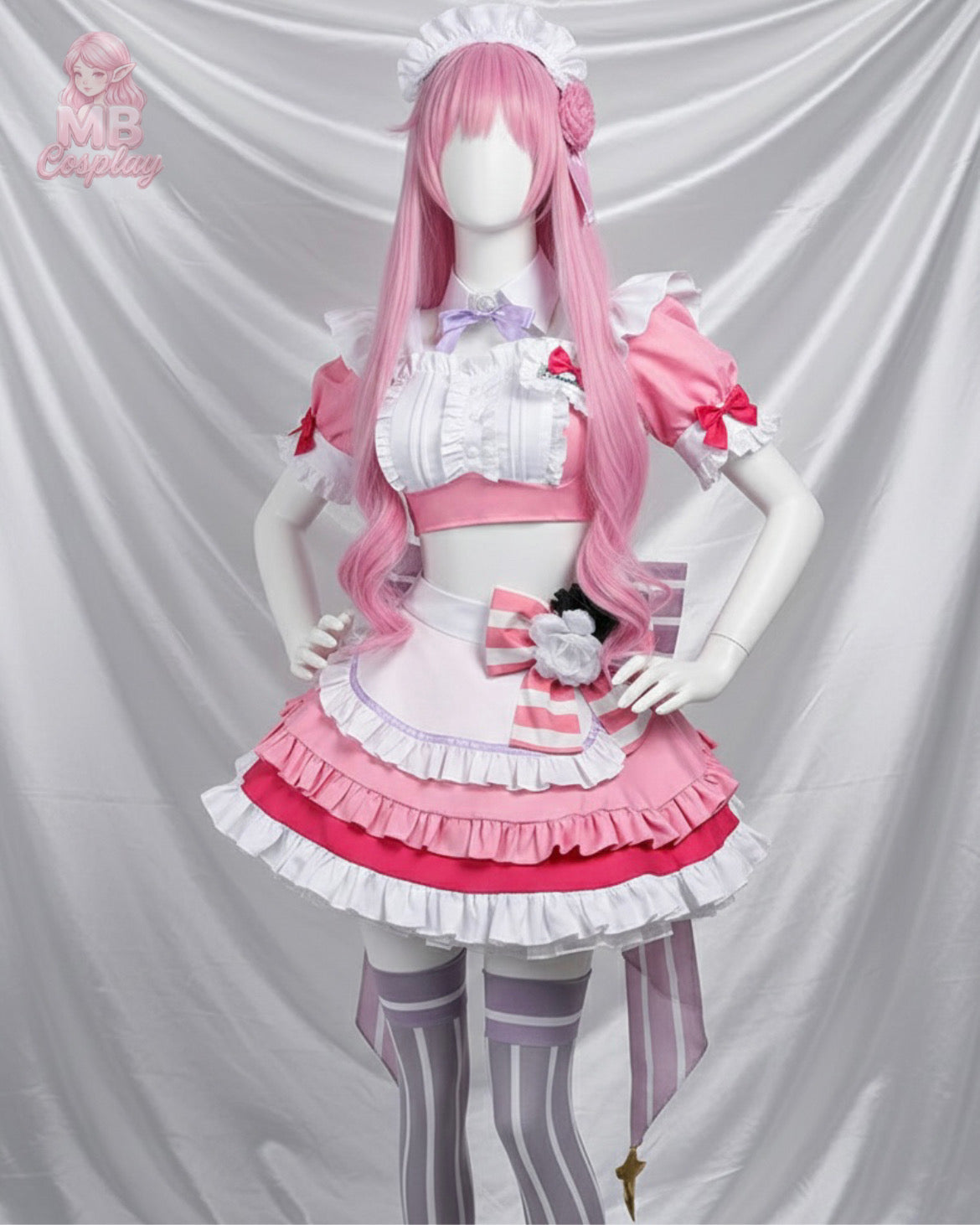 Full set of Dorothy NIKKE Goddess of Victory maid cosplay costume including pink ruffled dress, bowknot, and accessories MbCosplay.