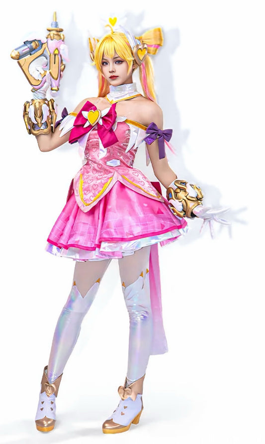 A cosplayer wearing the Juno costume from Overwatch 2, featuring a pink and white layered dress with gold armor gauntlets, a large pink chest bow, and holographic white leggings.