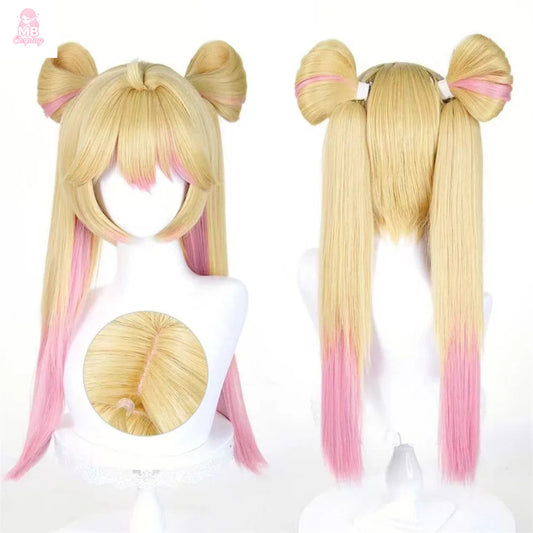 Mannequin or model wearing a long, wavy, bright blonde wig styled into twin pigtails with cat ears on a headband, designed for the Overwatch Juno character.