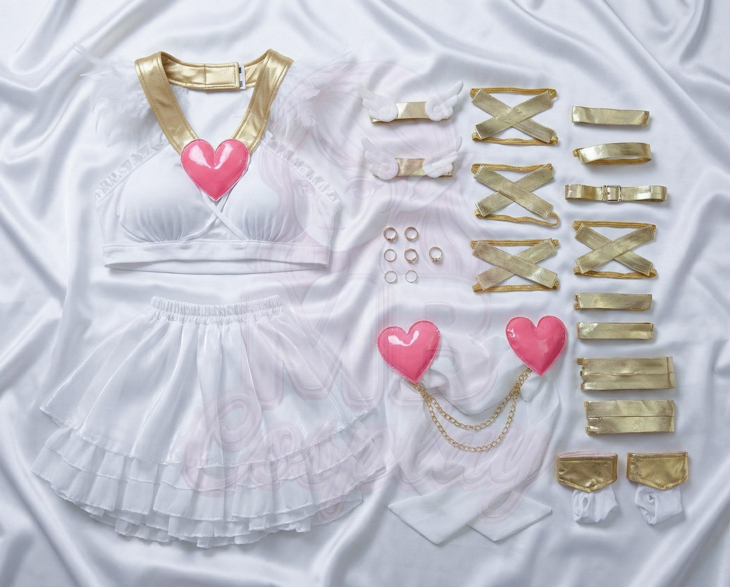 Complete Panty Anarchy Angel Form cosplay set laid out, showing the white ruffle skirt, heart-accented top, gold leg wraps, arm bands, and feathered wing accessories.