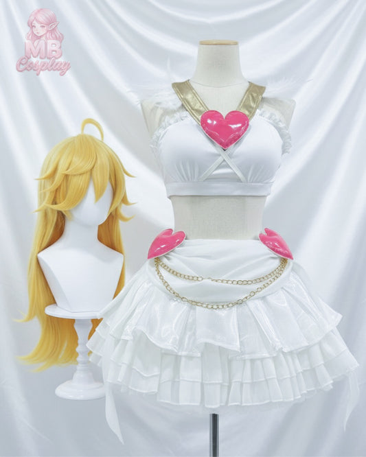 Front view of the Panty Anarchy Angel cosplay on a mannequin featuring the signature gold "V" neck collar, pink heart, tiered frill skirt with gold chains, and the iconic long blonde wig with a cowlick.