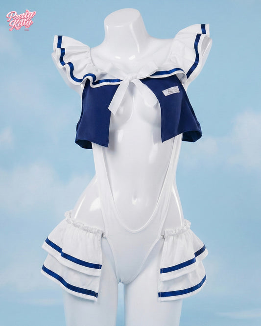 Front view of the navy and white Moonlight Sailor bodysuit set featuring a ruffled skirt detail and navy bow.