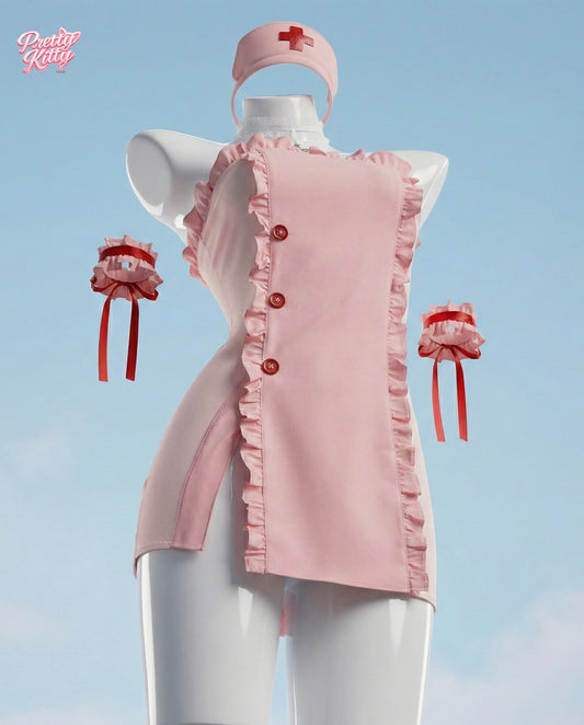 Detailed view of the nurse cap, ruffled cuffs, and cross choker from the Healing Heart set.