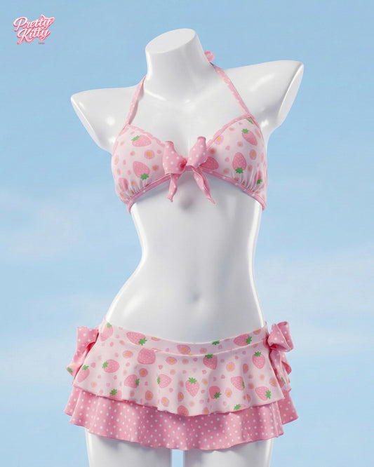 Front view of the pastel pink Strawberry Dream bikini set with tiered ruffled skirt and bow details.