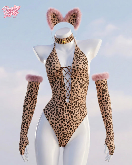 Front view of the Wild Heart leopard print bodysuit set with cat ears and fur-trimmed gloves.