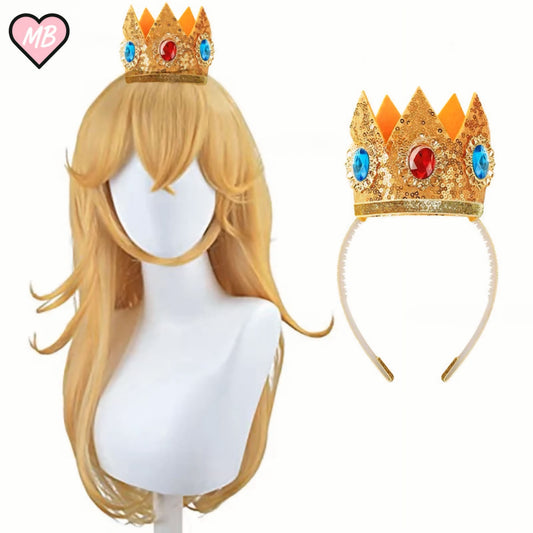 Mannequin head wearing a wavy, medium-length blonde wig with bangs, styled as Princess Peach's hair. Next to it is a gold sequined crown headband with large red and blue jewels.