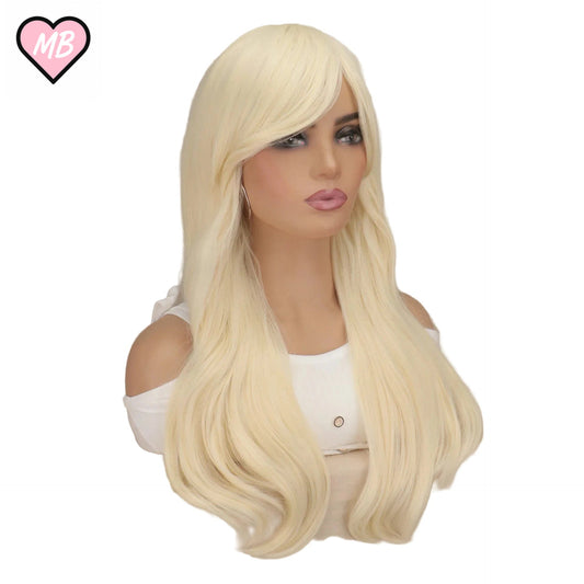 Mannequin head wearing a very long, wavy, platinum blonde cosplay wig with side-swept bangs, suitable for the character Princess Rosalina.